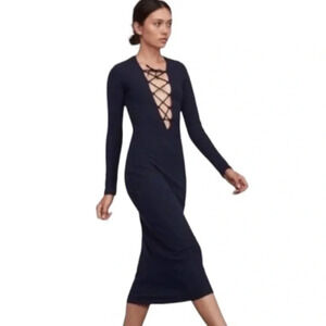 Reformation Edison Lace Up Rib Knit Midi Dress NAVY Blue Size XS